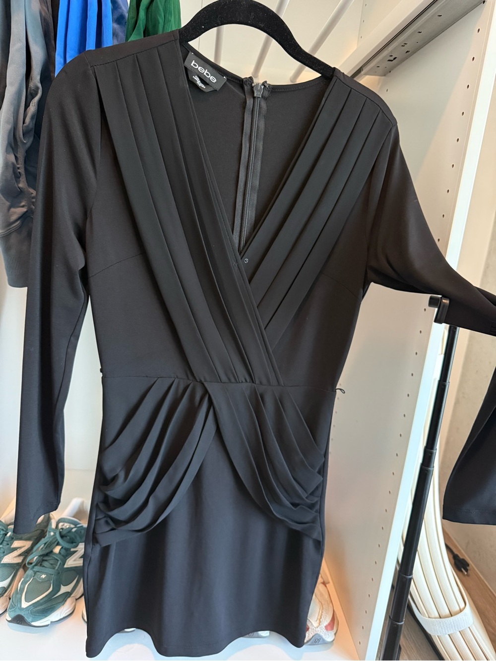 bebe Black Draped V‑Neck Long Sleeve Dress